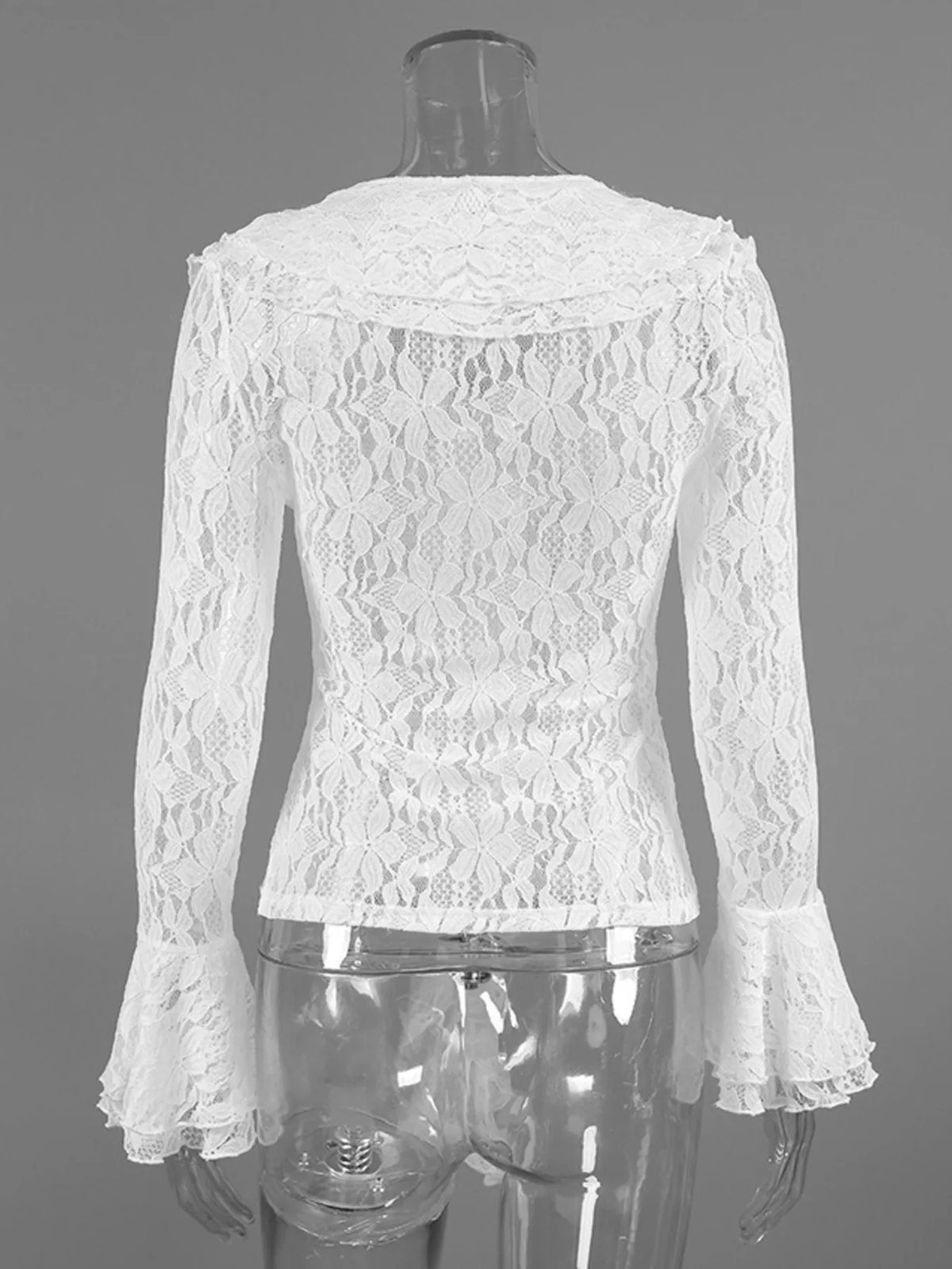 Lace V-Neck Flare Sleeve Blouse in White, view 9
