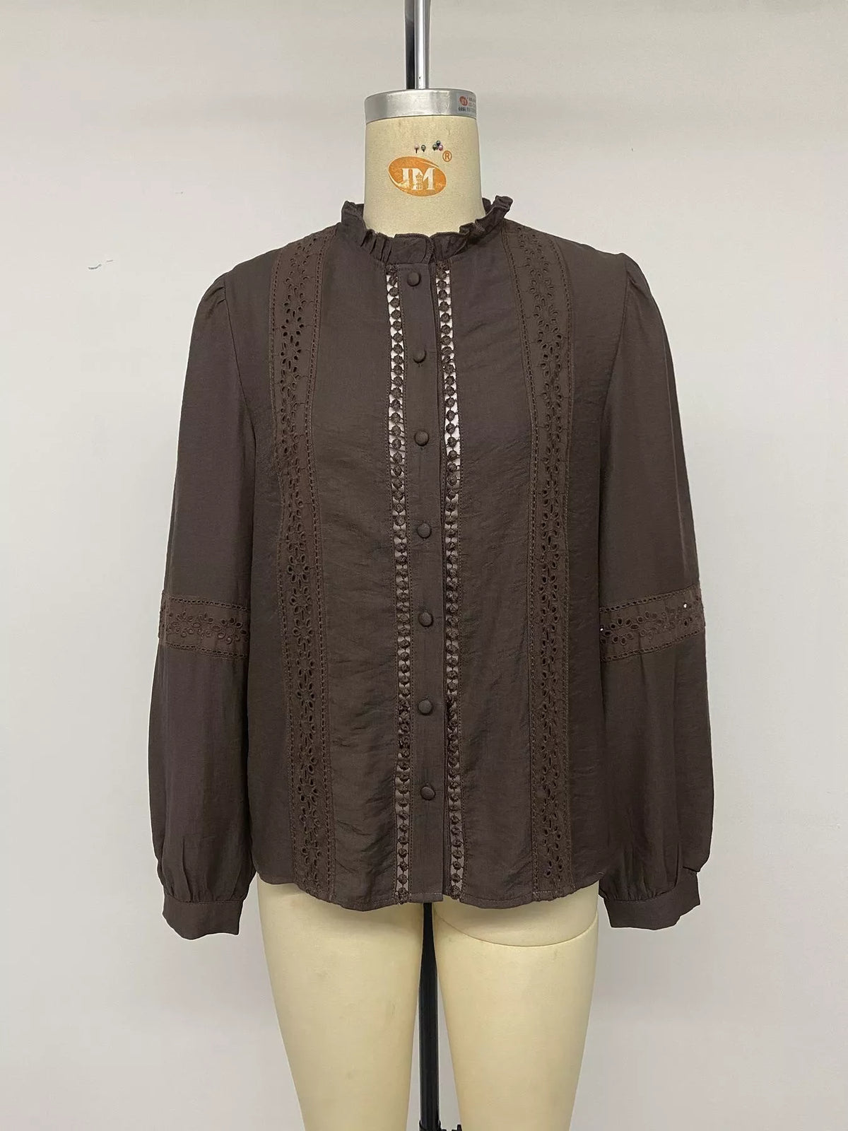 Eyelet Lace Trim Long Sleeve Blouse