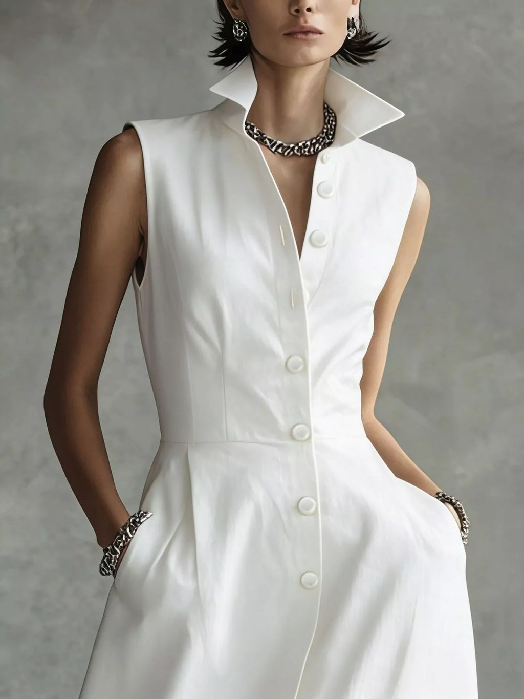 Sleeveless Button-Down Midi Shirt Dress, view 5