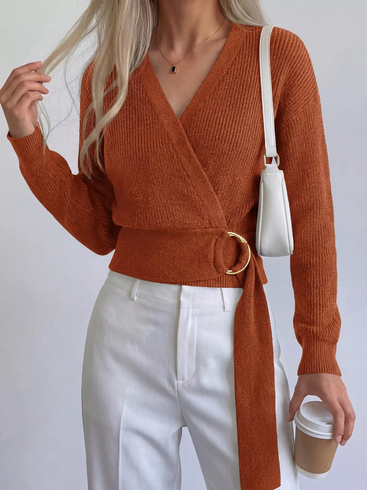 Metal Ring Detail Dropped Shoulder Sweater - Lilixa.store