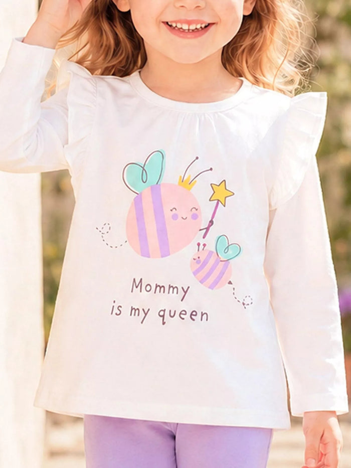 Children's Cute Bee Print Long Sleeve T-Shirt with Ruffle Details - Lilixa.store