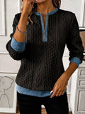 Full Size Denim Contrast Trim Quarter Zip Texture Sweatshirt Plus Size - Lilixa.store