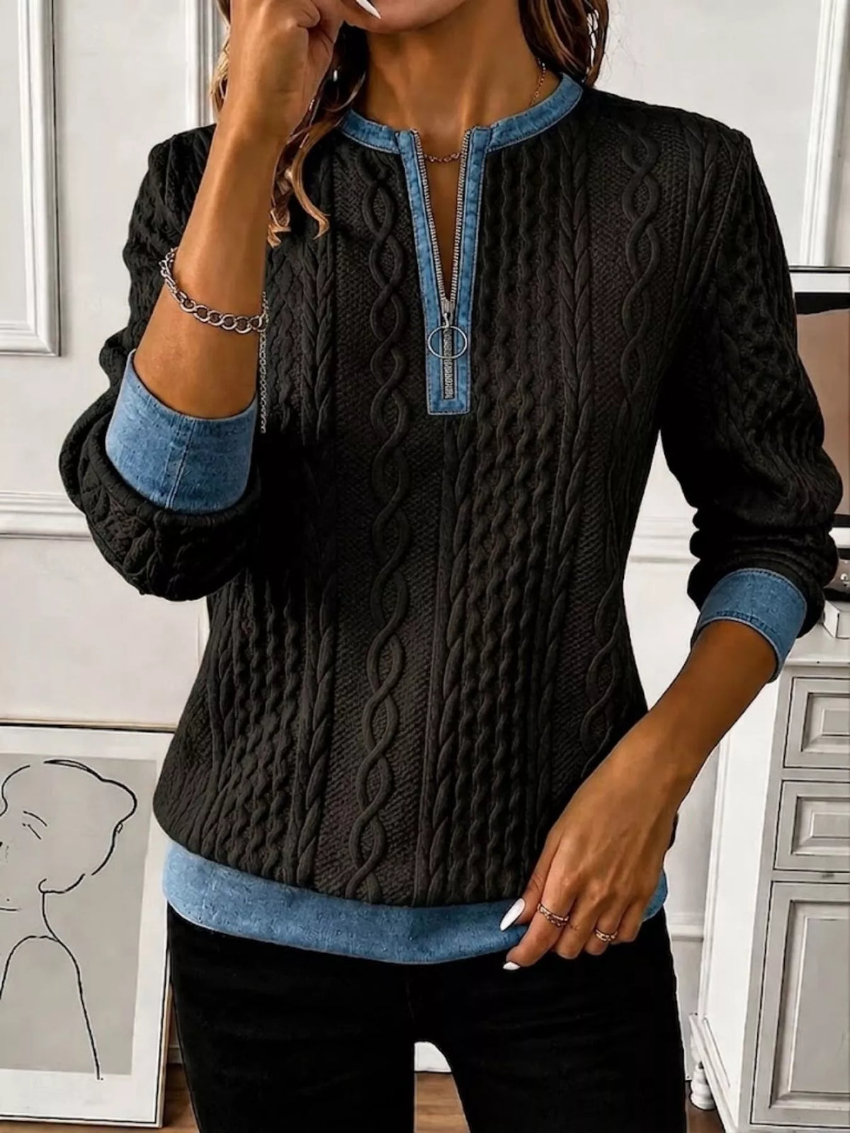 Full Size Denim Contrast Trim Quarter Zip Texture Sweatshirt Plus Size - Lilixa.store