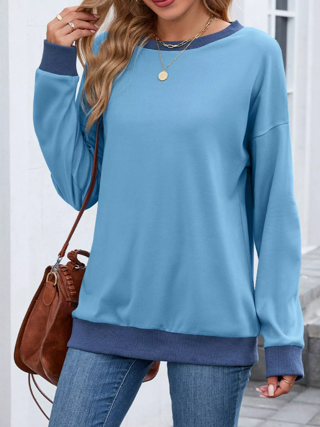 Contrast Trim Long Sleeve Sweatshirt - Lilixa.store