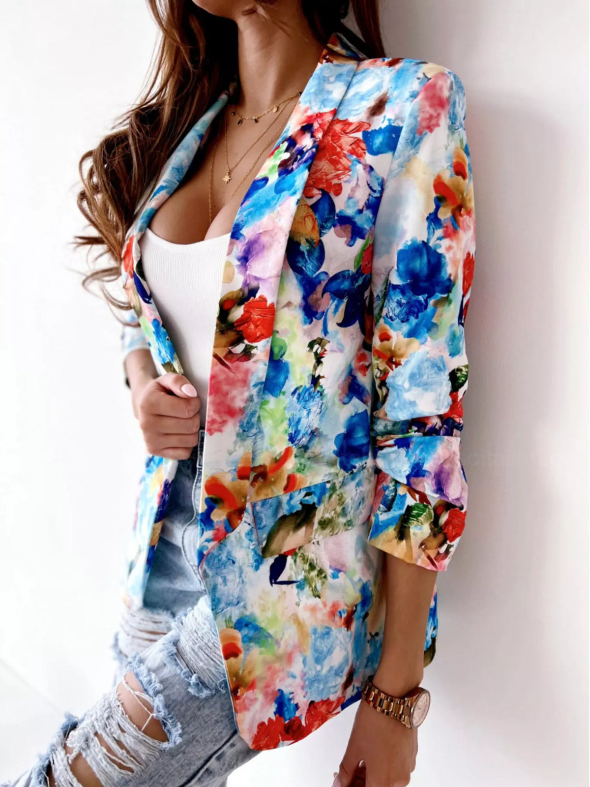 Vibrant Floral Print Open Front Blazer - Lilixa.store