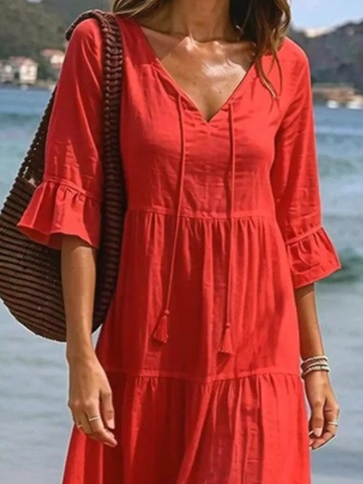 Full Size Tiered Tie Neck Flounce Sleeve Dress Plus Size - Lilixa.store