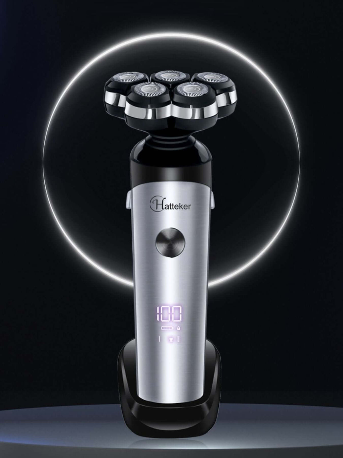 5-Head Rechargeable Electric Shaver in silver color with five floating heads and LED display, ideal for efficient grooming.