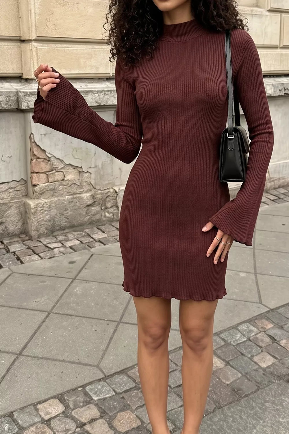 Mock Neck Ribbed Knit Bodycon Mini Dress - Lilixa.store