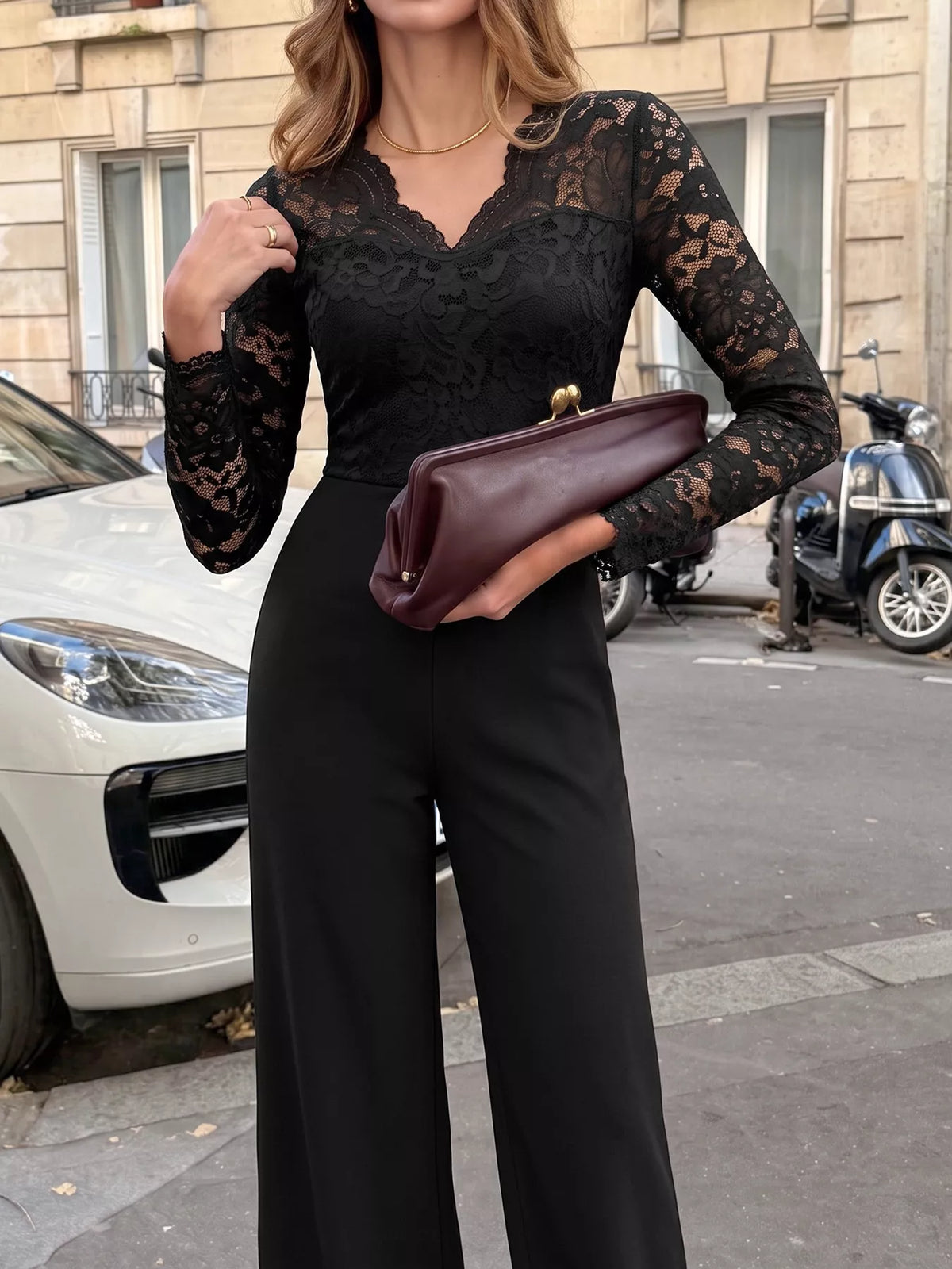 Lace Long Sleeve Wide-Leg Jumpsuit in Black, view 2