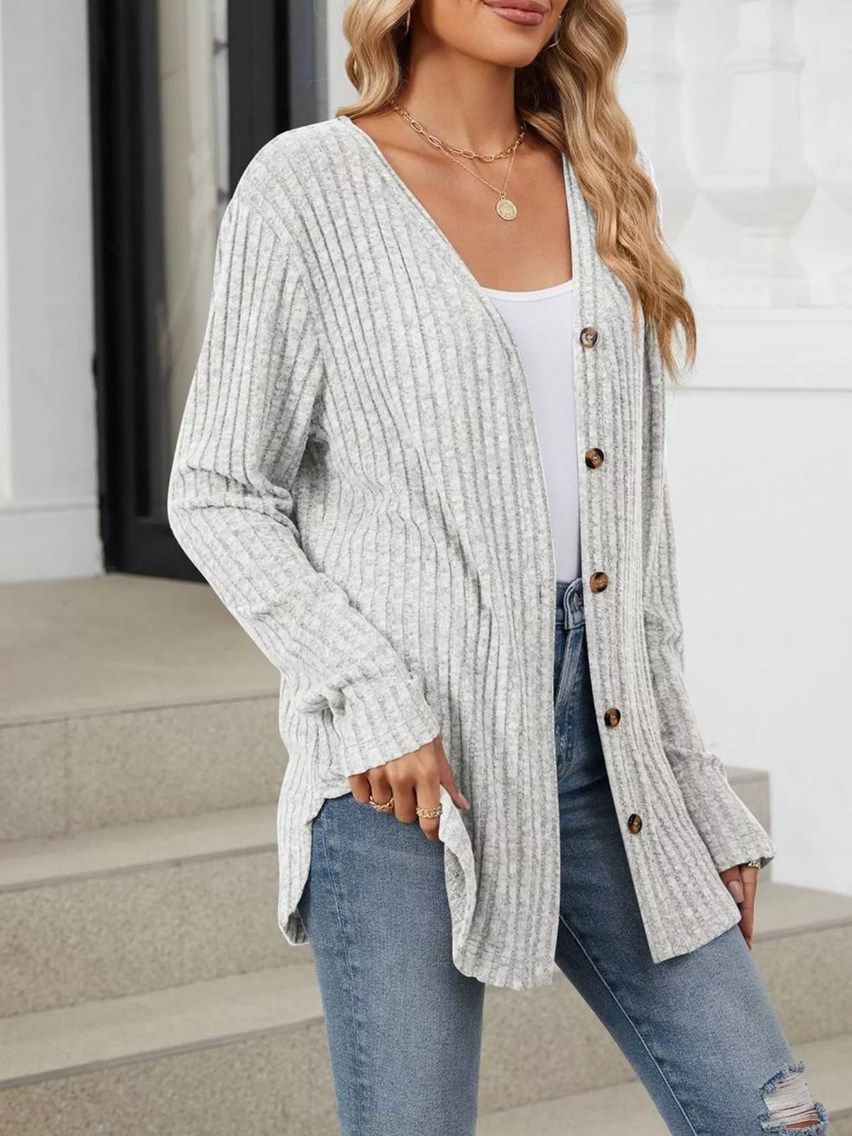Ribbed Button-Up Cardigan - Lilixa.store