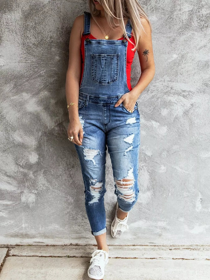 Wide Strap Distressed Denim Overalls - Lilixa.store