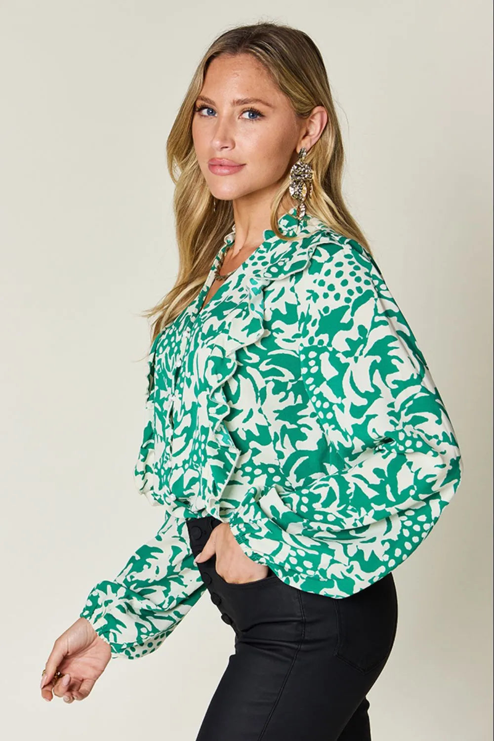 Double Take Full Size Printed Ruffle Trim Balloon Sleeve Shirt - Lilixa.store