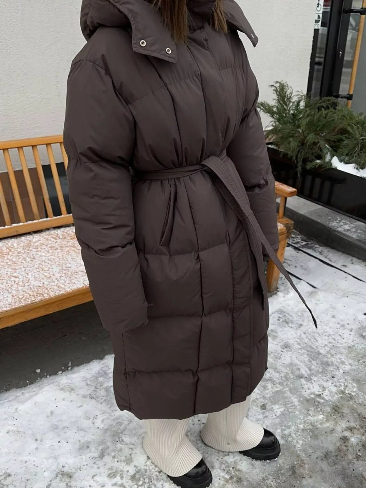 Longline Padded Winter Coat with Belted, view 12