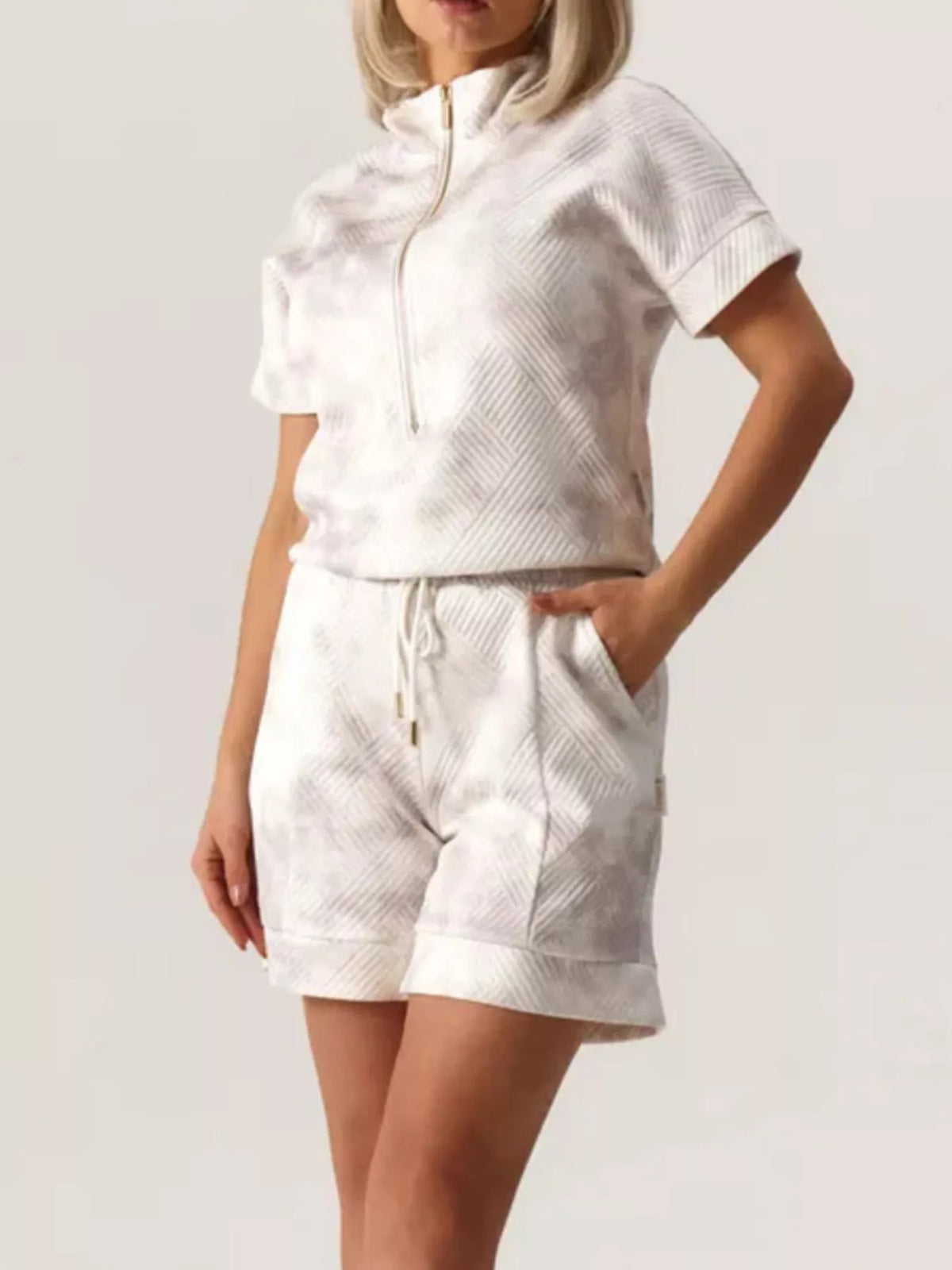 Half Zip Short Sleeve Top and Shorts Set - Lilixa.store