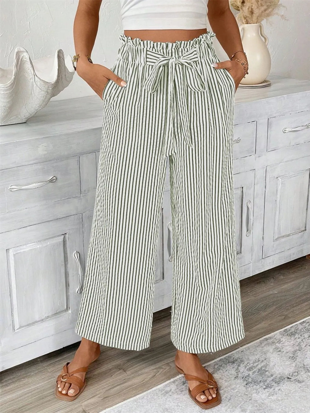 Full Size Striped Wide Leg Paper Bag Pants Plus Size - Lilixa.store