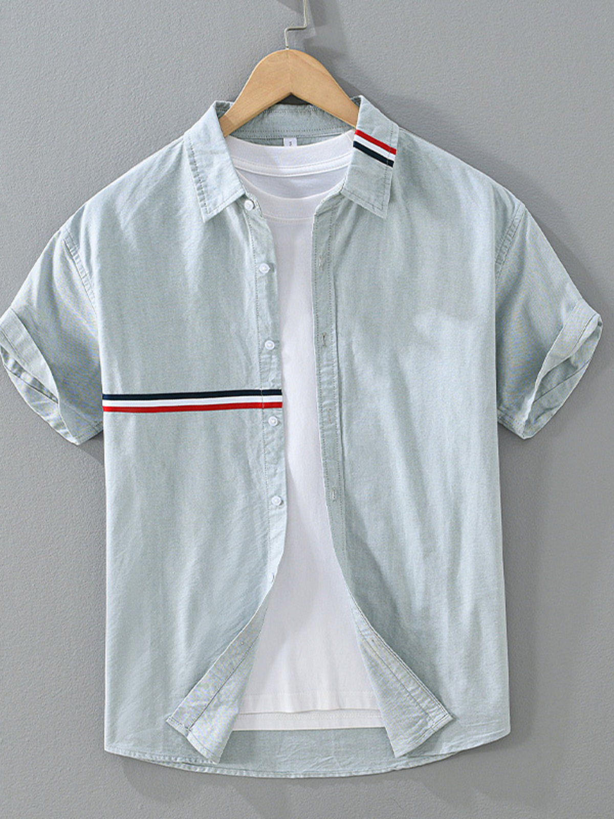 Men's Plus Size Casual Short Sleeve Shirt with Contrast Stripe Detail in Green Gray