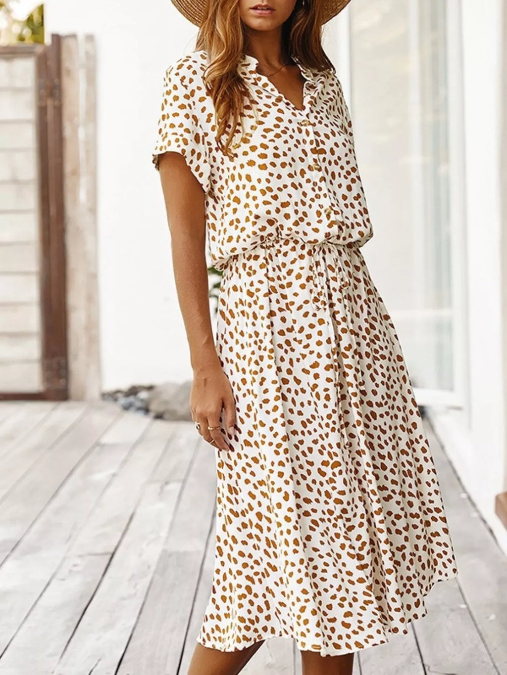 Animal Print Drawstring Waist Midi Dress - Lilixa.store