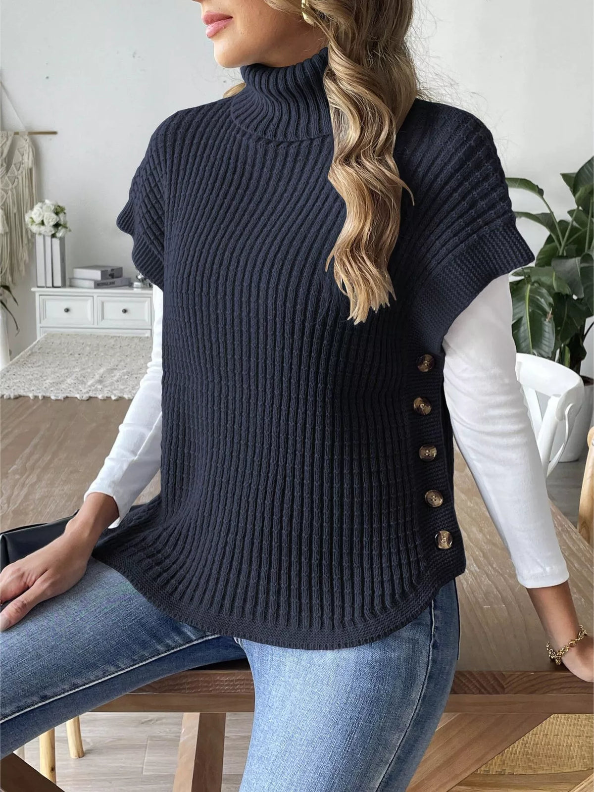 Ribbed Turtleneck Sweater with Side Button Detail, view 10