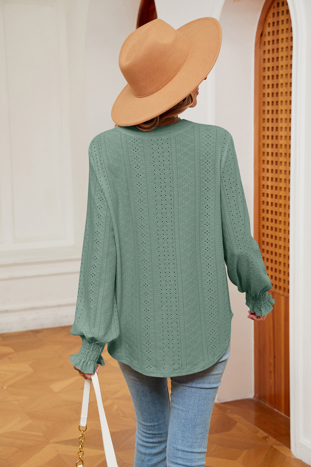 Notched Neck Flounce Sleeve Blouse, view 15