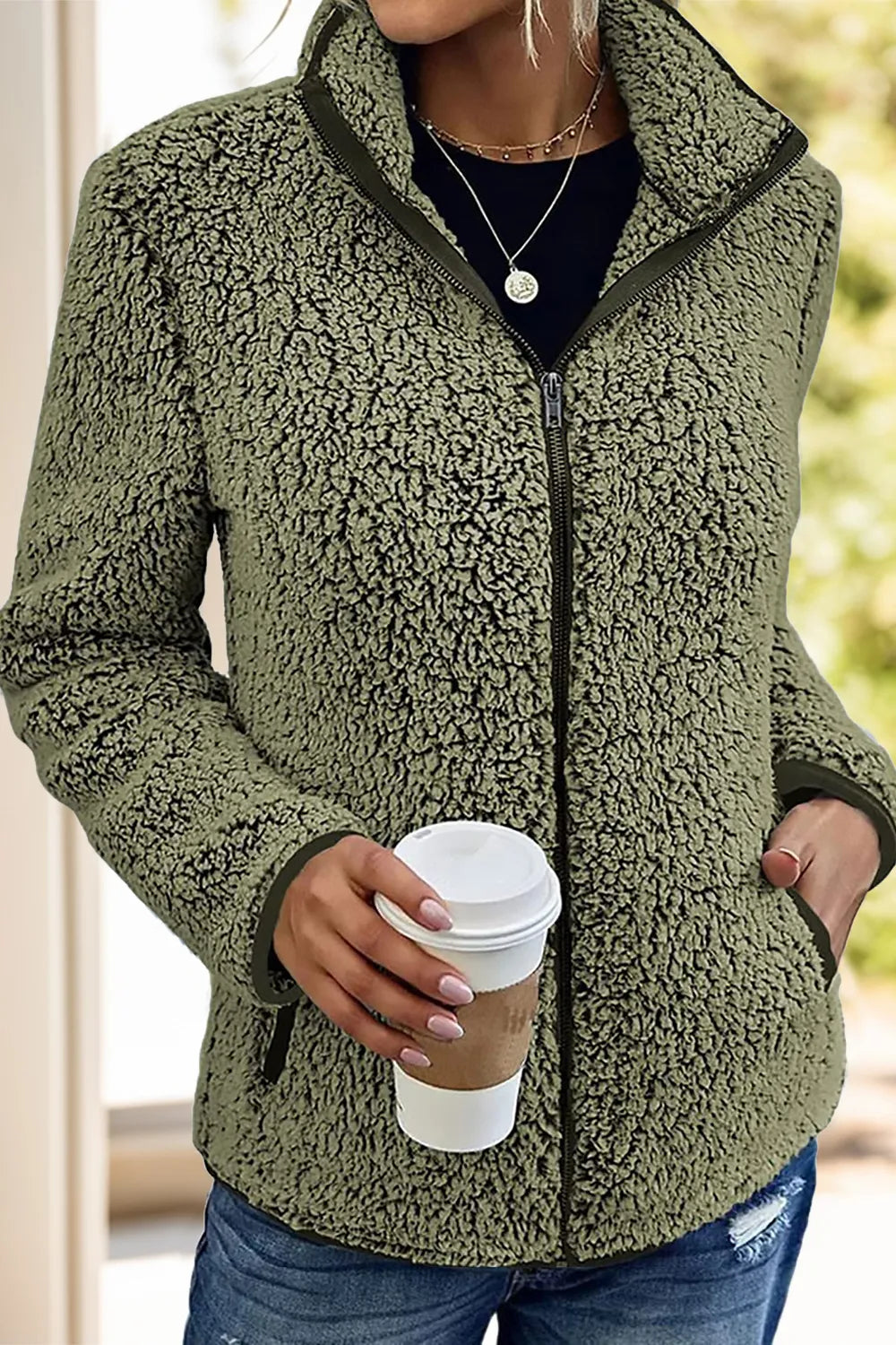 Pocketed Zip Up Turtleneck Jacket in Moss
