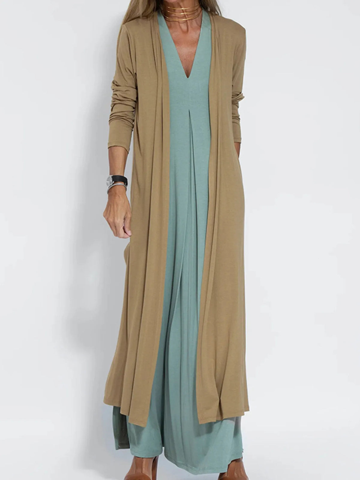 Full Size Open Front Side Slit Longline Cardigan Plus Size in Caramel