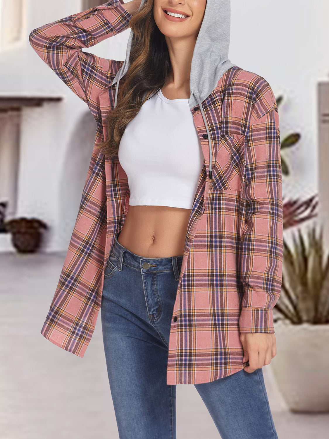 Plaid Drawstring Button Up Hooded Jacket, view 10