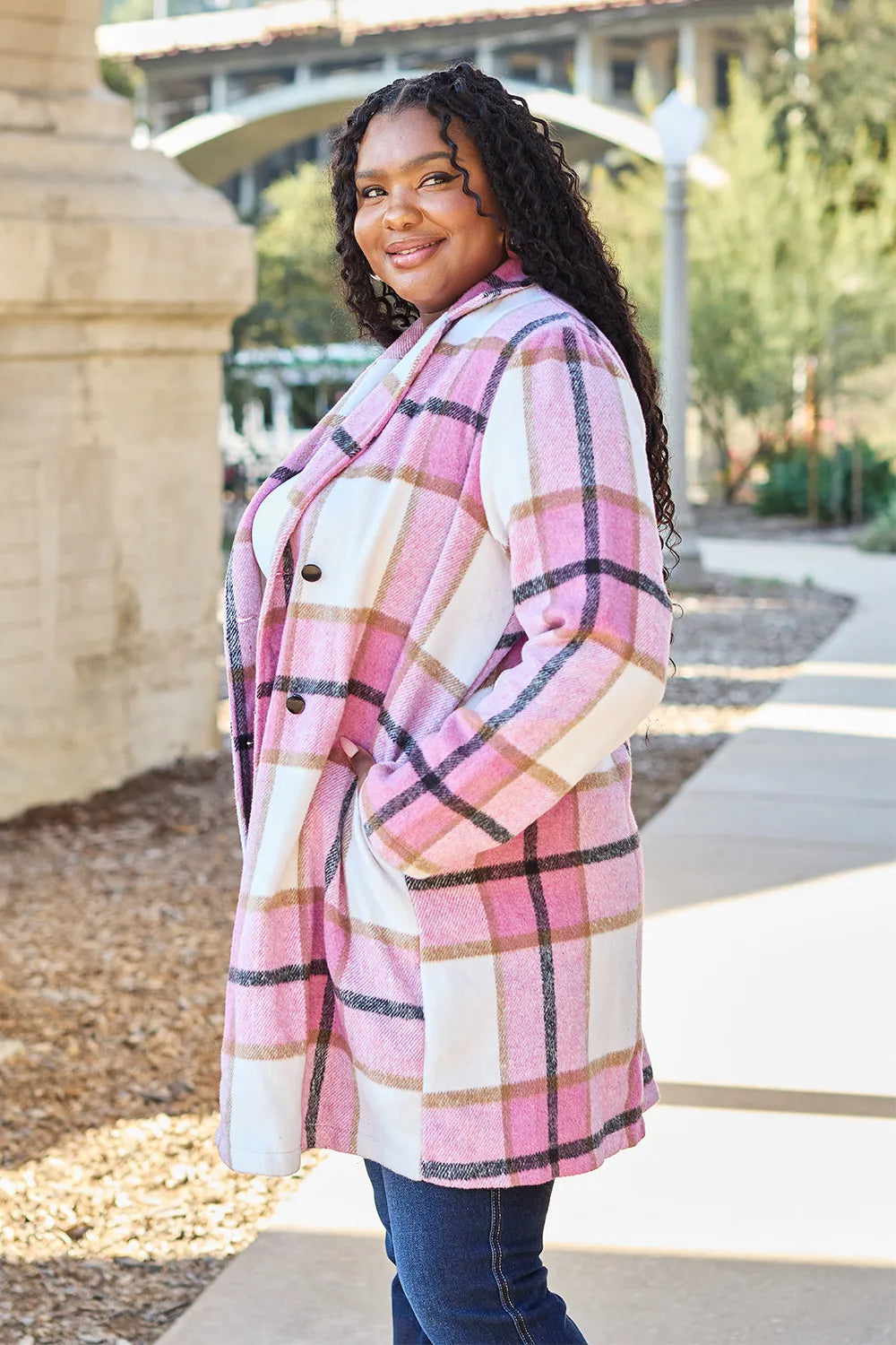 Double Take Full Size Plaid Button Up Lapel Collar Coat - Lilixa.store