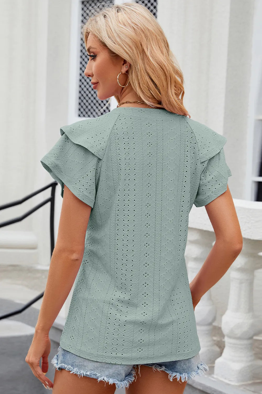 Eyelet Notched Flutter Sleeve T-Shirt - Lilixa.store