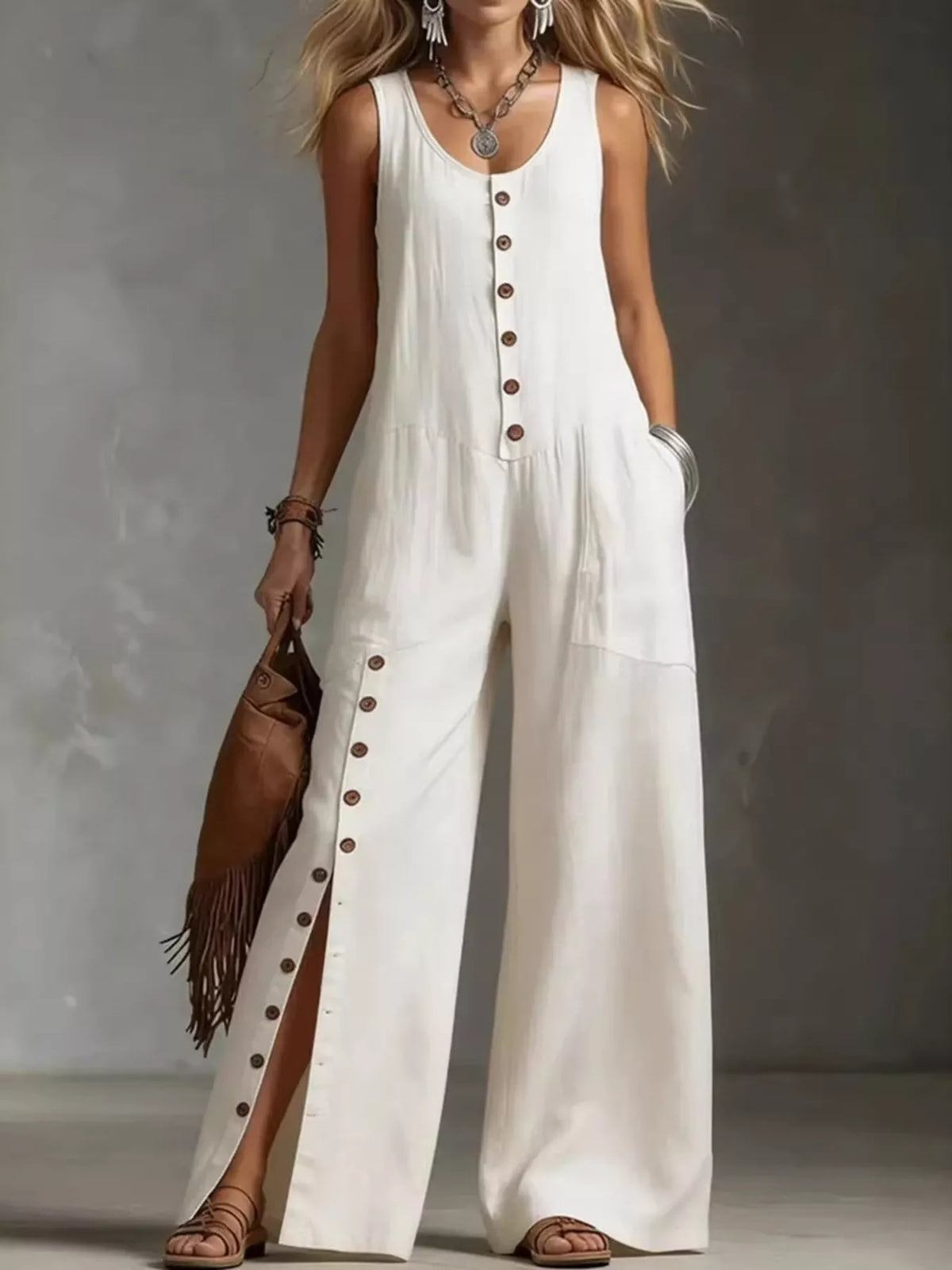 Full Size Sleeveless Button Front Wide Leg Jumpsuit Plus Size - Lilixa.store