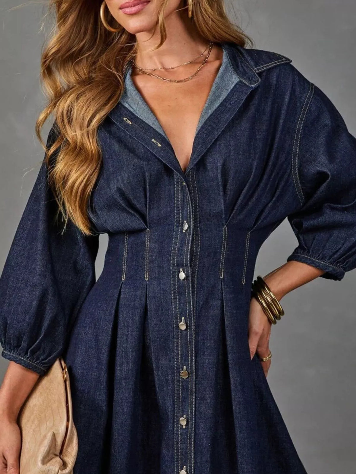 Button Down 3/4 Sleeve Denim Dress - Lilixa.store