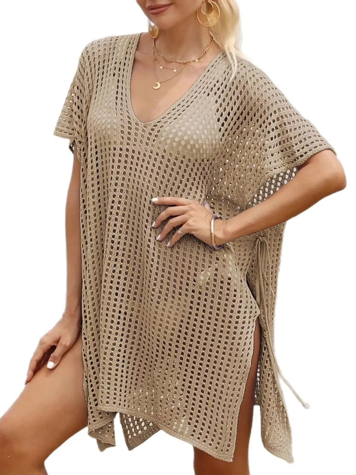 Openwork V-Neck Slit Cover-Up - Lilixa.store