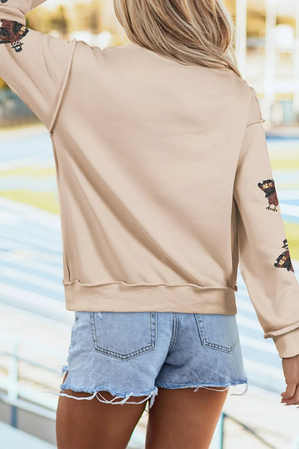 Sequin Turkey Mock Neck Exposed Seam Pullover Sweatshirt - Lilixa.store