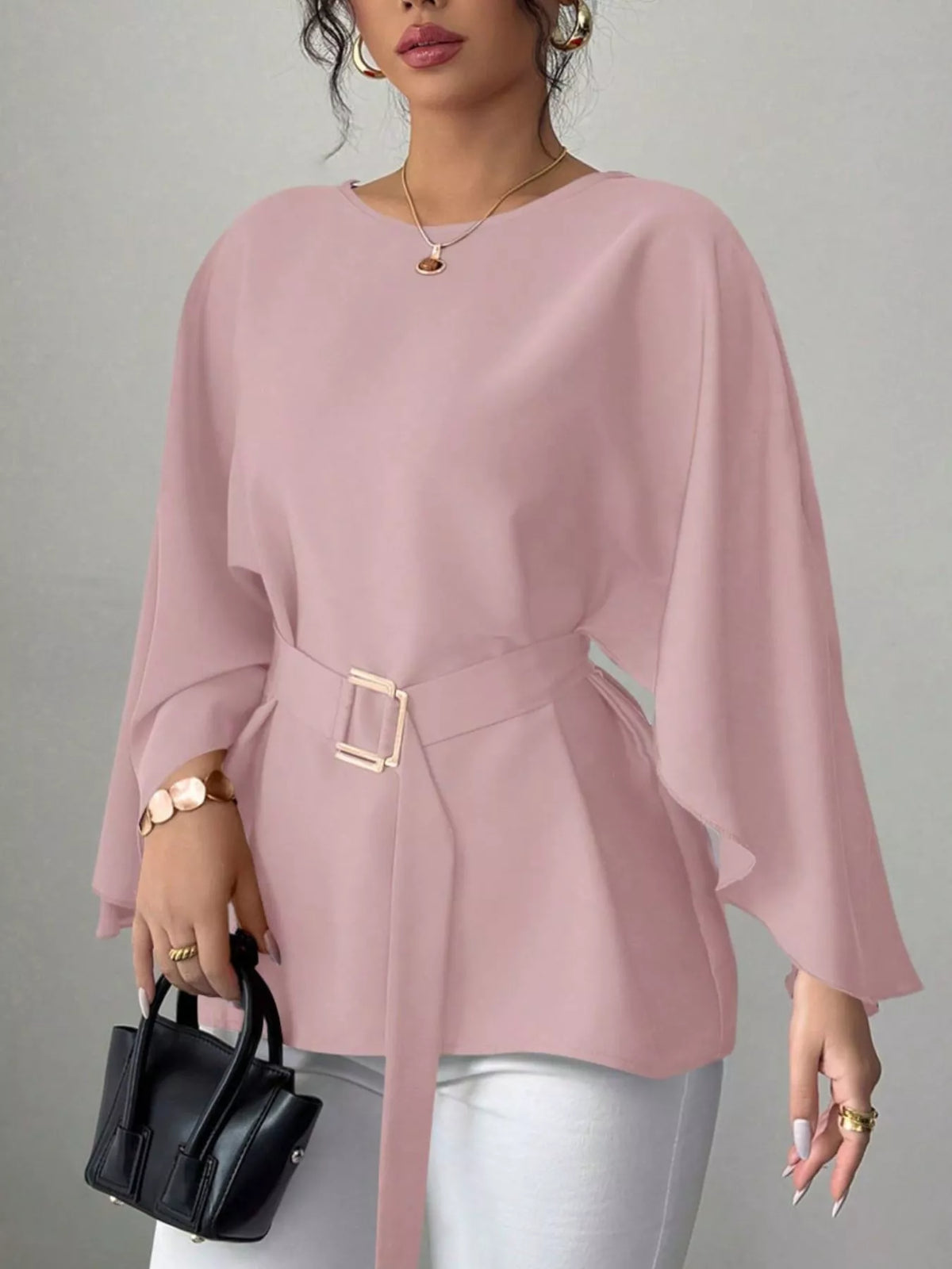 Round Neck Belt Batwing Sleeve Blouse - Lilixa.store