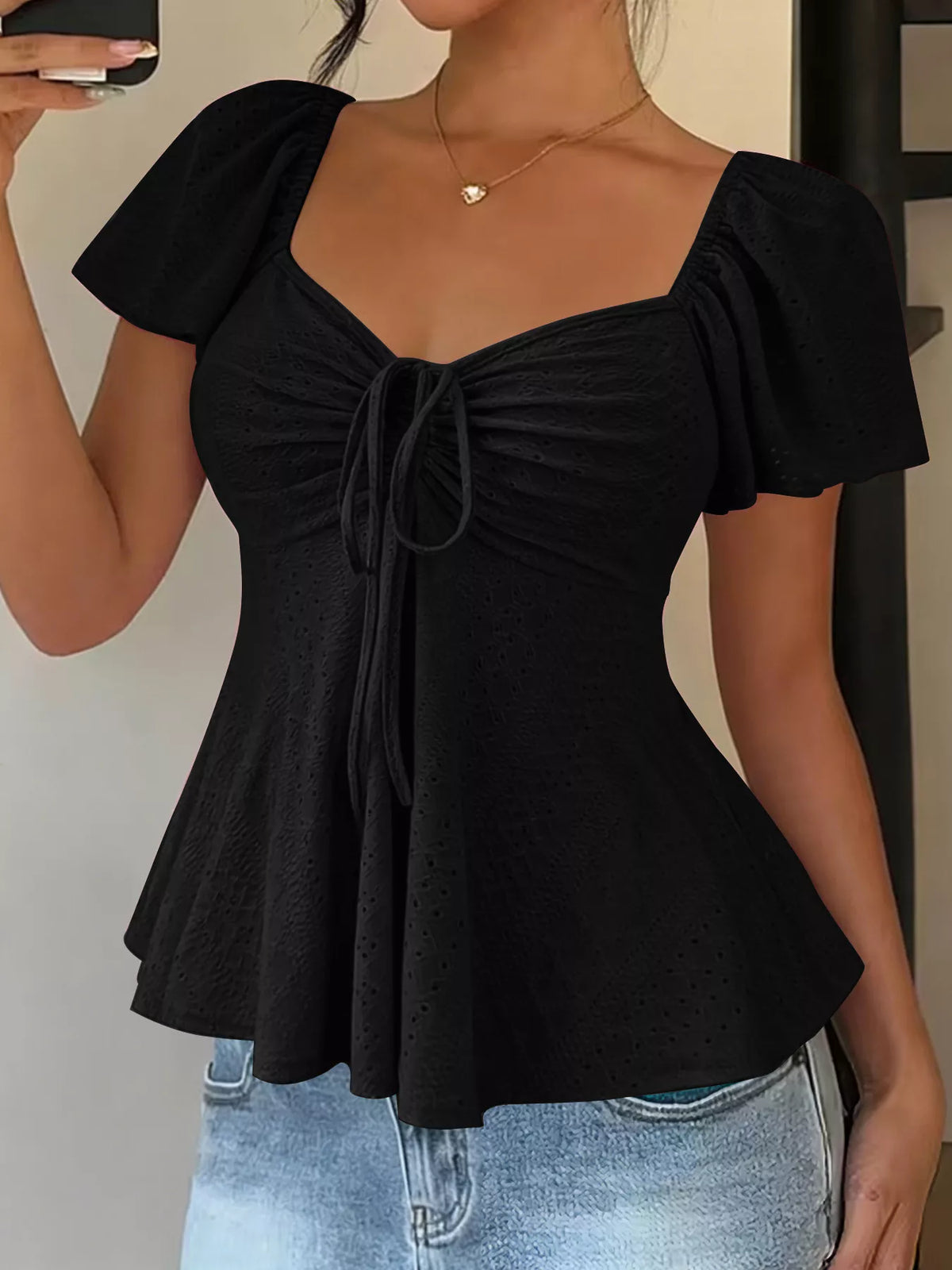 Sweetheart Neck Flutter Sleeve Top - Lilixa.store
