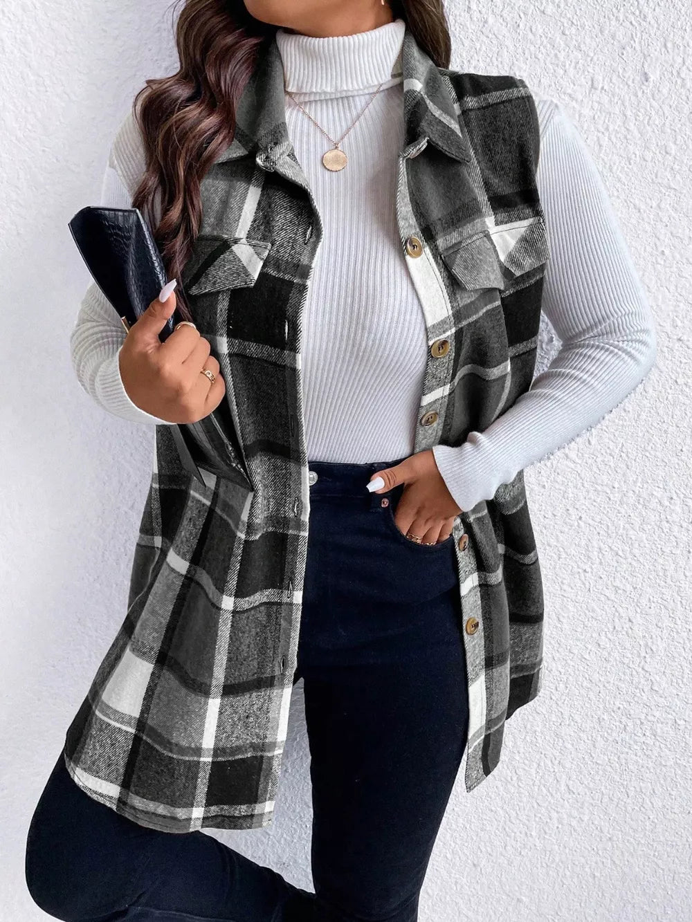 Honey Plus Size Pocketed Plaid Button Up Vest Coat, view 12