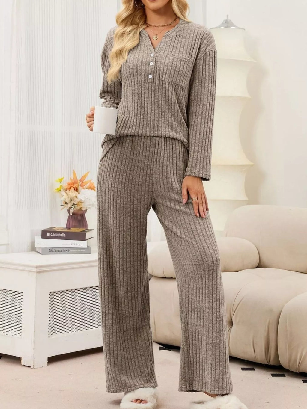 Ribbed Knit Top and Wide-Leg Pants Set - Lilixa.store