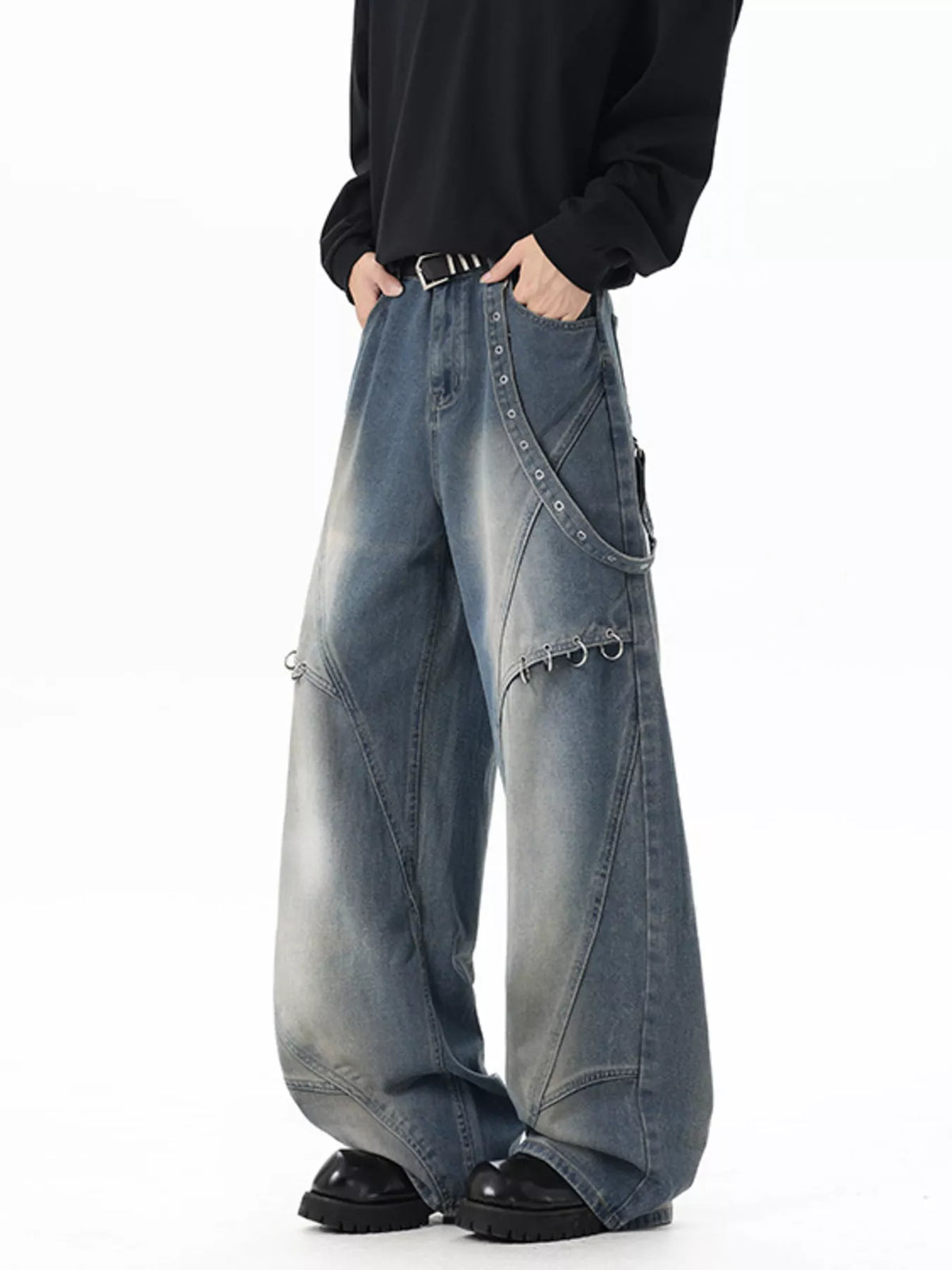 Men's Full Size Wide-Leg Denim Jeans with Metal Ring Plus Size - Lilixa.store