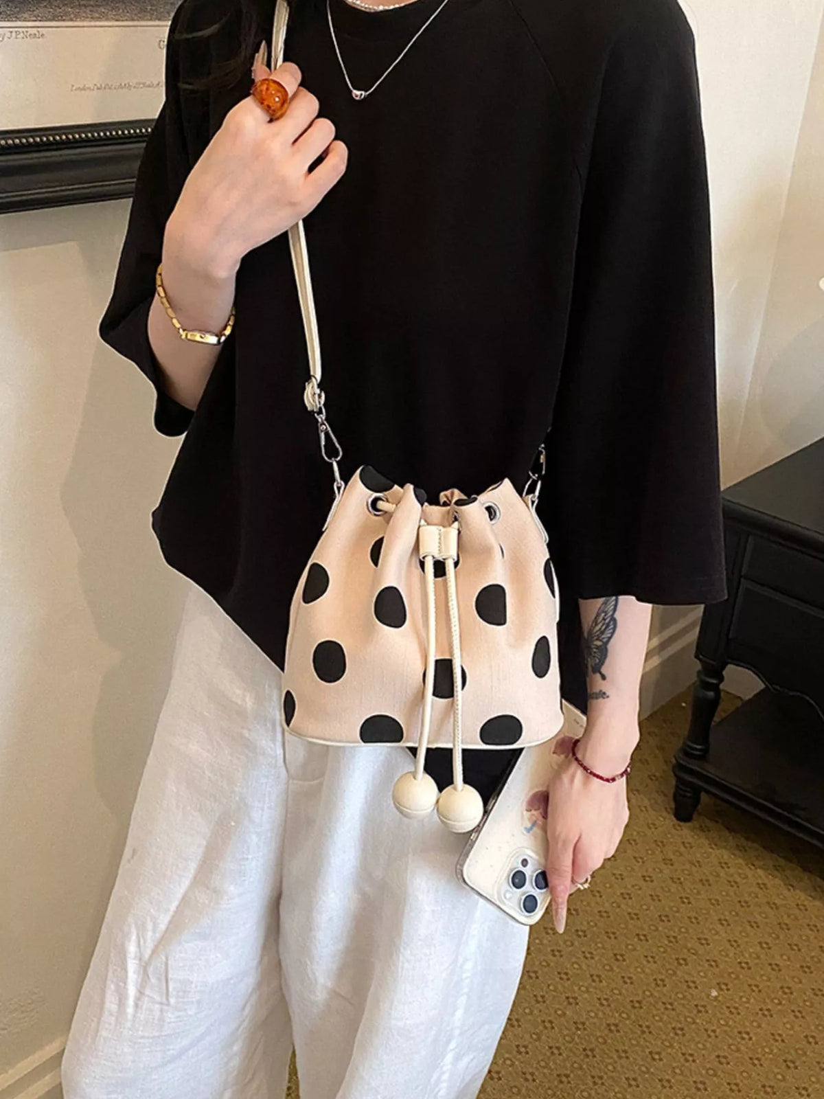 Polka Dot Drawstring Bucket Crossbody Bag