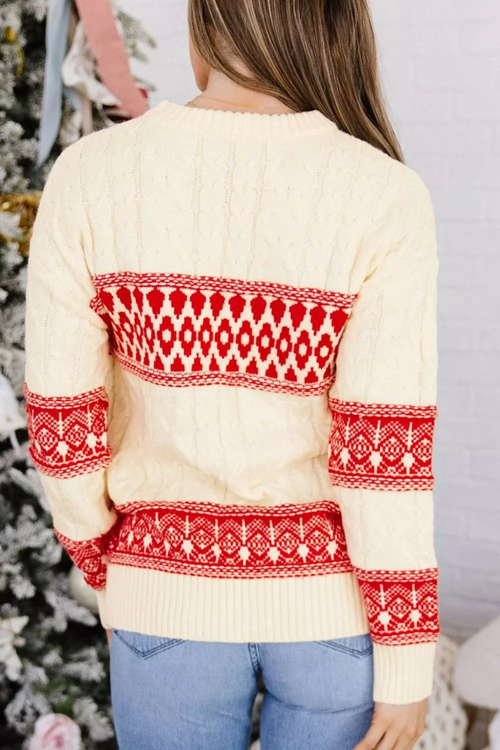 Western Print Round Neck Long Sleeve Shift Sweater in Deep Red, view 4