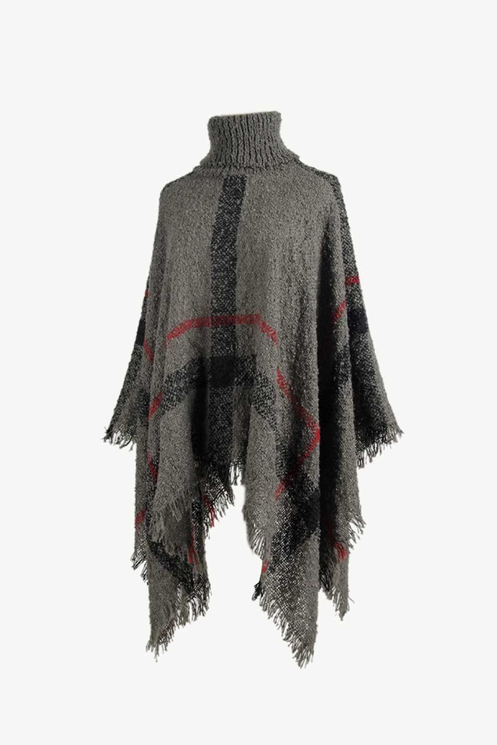 Plaid Turtleneck Raw Hem Poncho, view 7