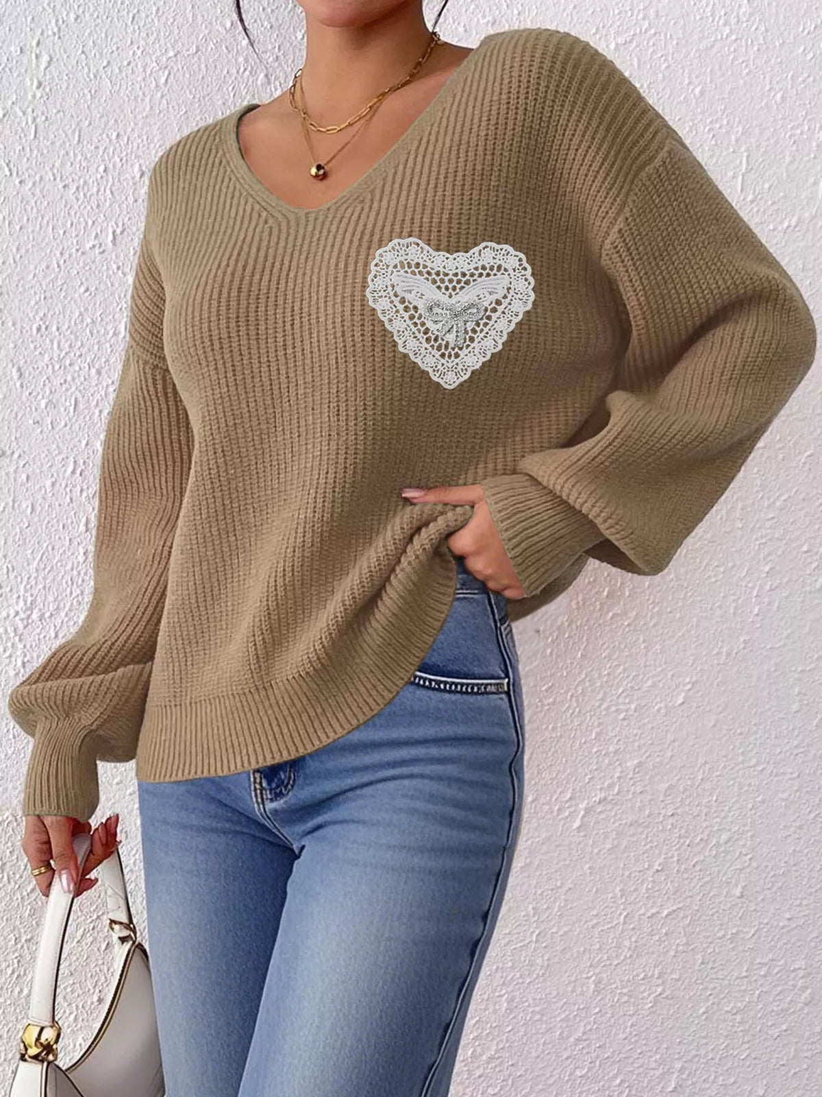 Lace Heart Dropped Shoulder Sweater