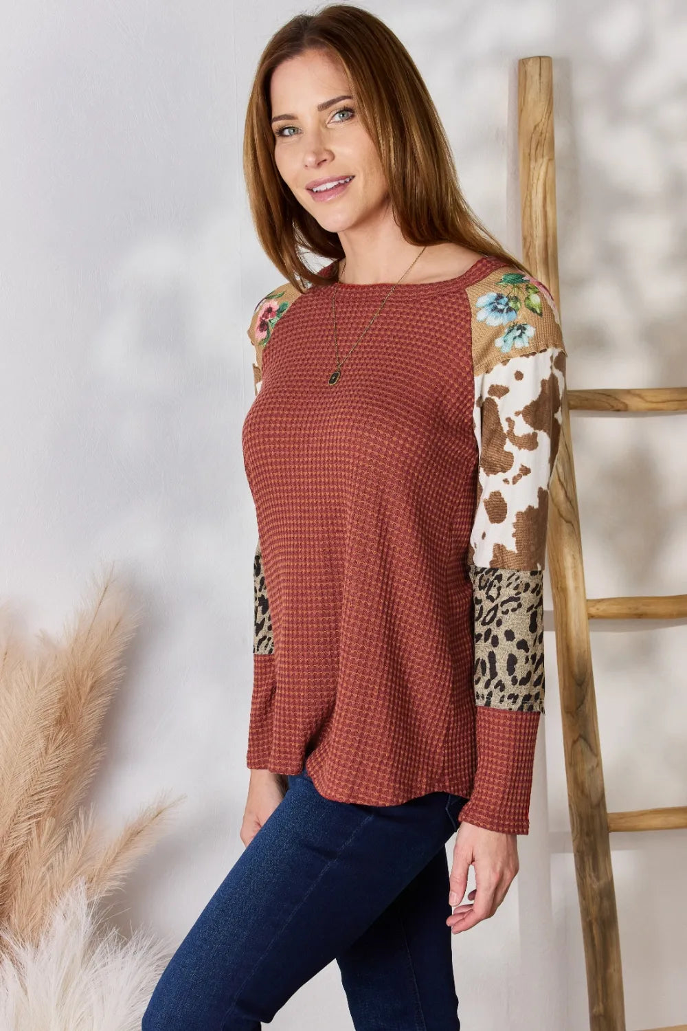 Hailey & Co Full Size Leopard Waffle-Knit Blouse - Lilixa.store