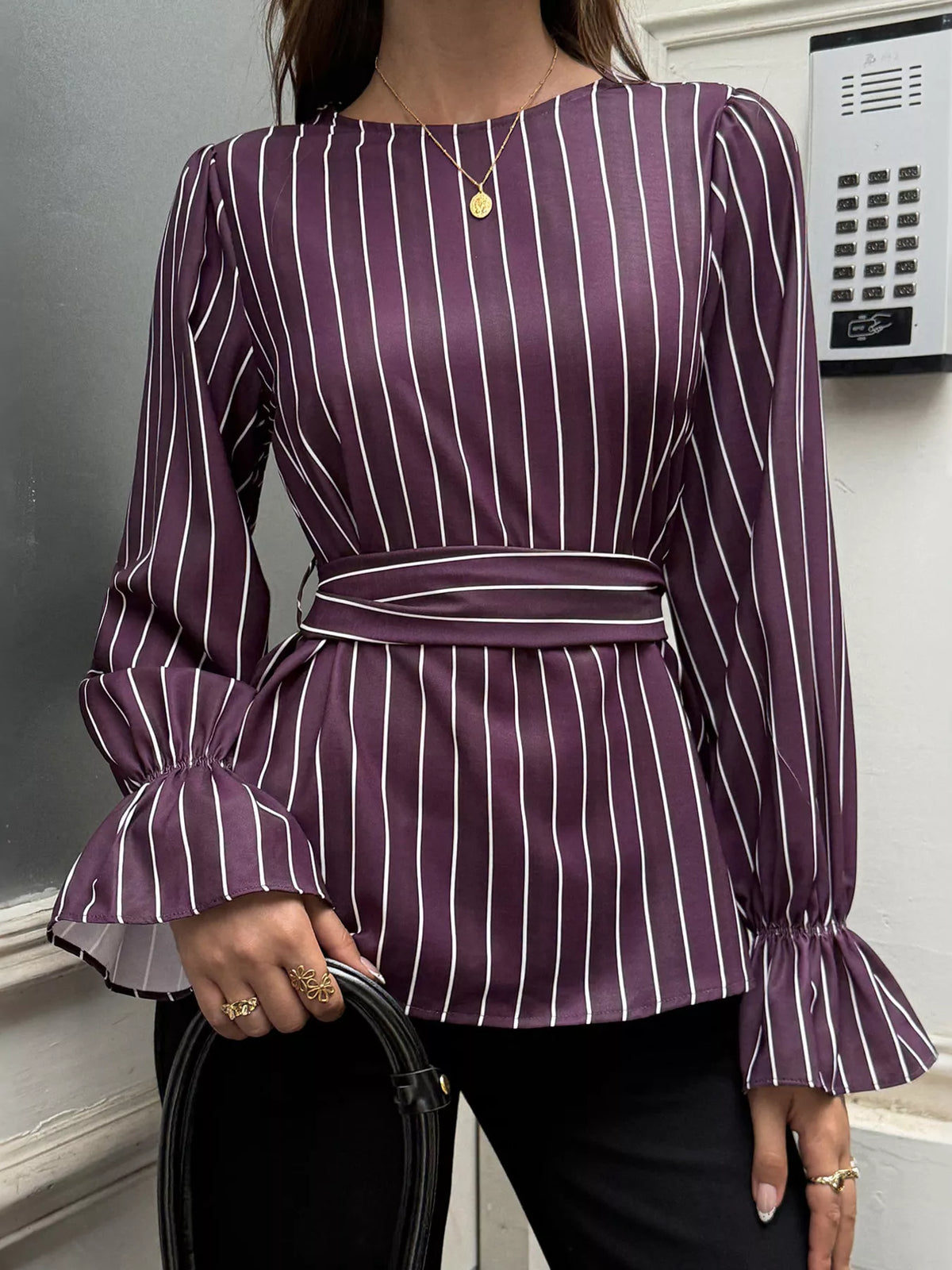 Striped Flounce Sleeves Blouse