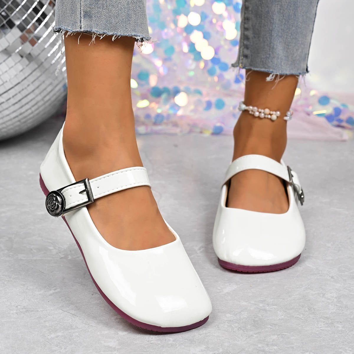 Buckle Strap Mary Jane Loafers in Gray/white