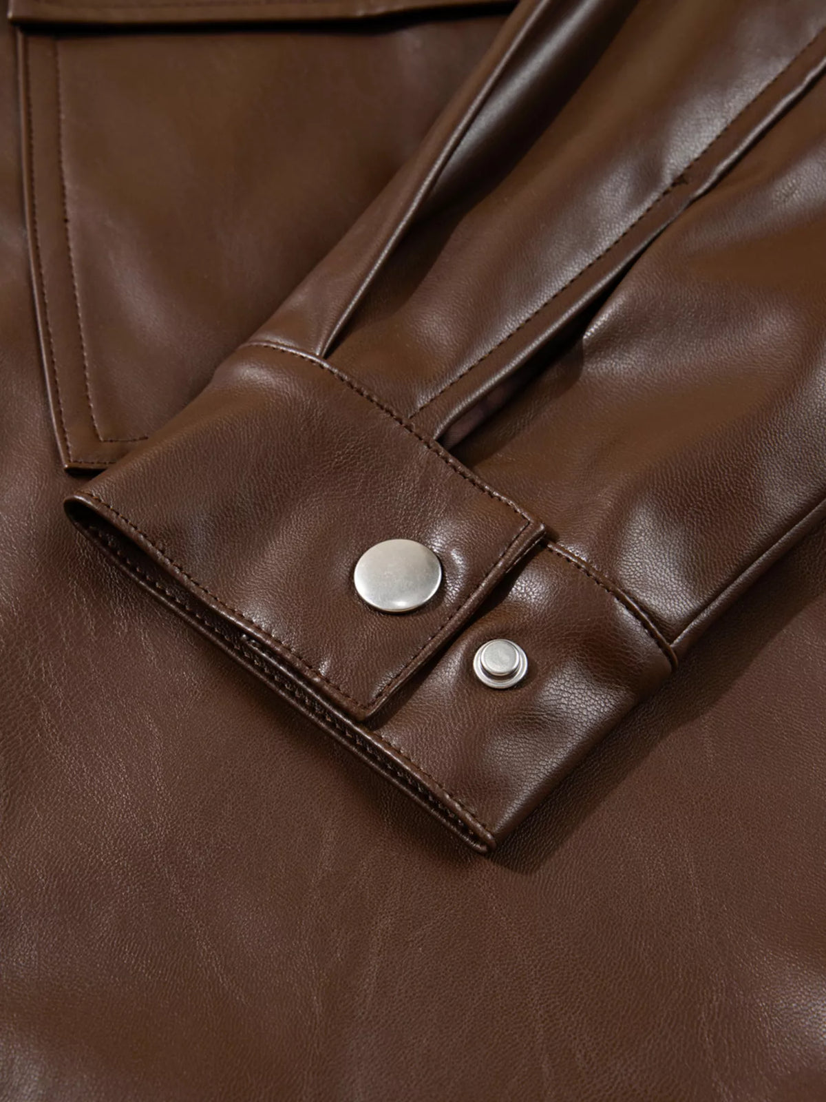 Double Flap Pocket Drawstring Hem Leather Jacket in Dark Brown, view 17
