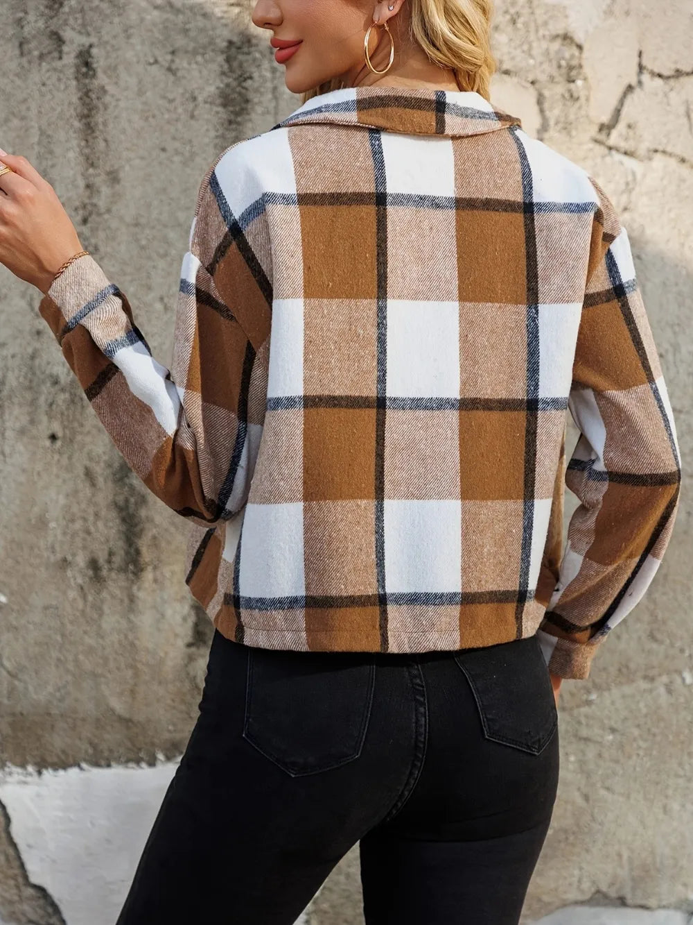 Plaid Collared Neck Cropped Jacket in Caramel, view 3