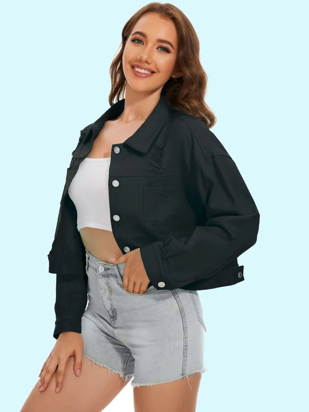 Distressed Distressed Button Up Denim Jacket, view 12
