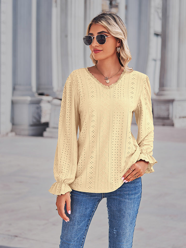 Eyelet V-Neck Flounce Sleeve Blouse - Lilixa.store
