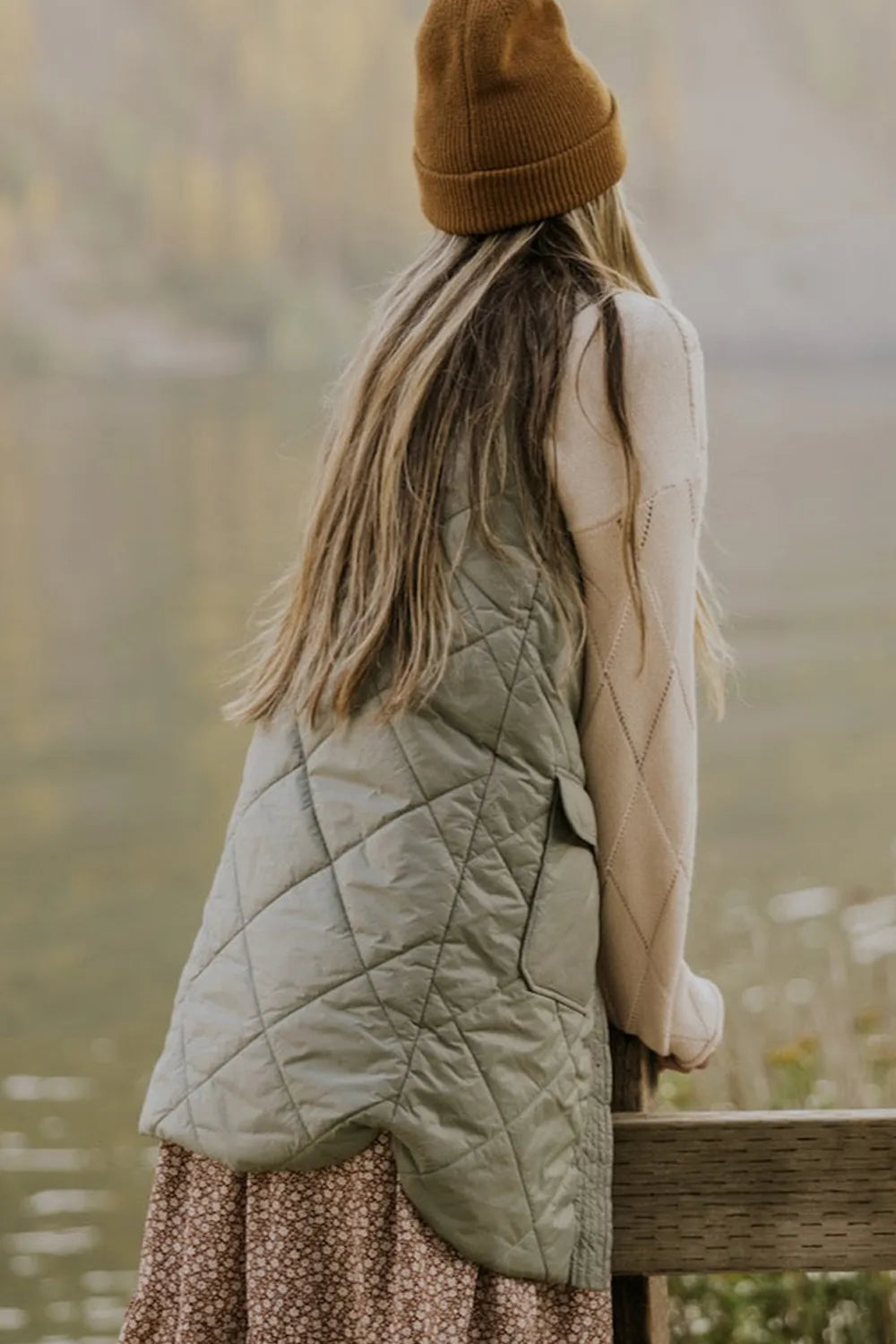 Button Up Pocketed Vest Coat in Sage, view 4