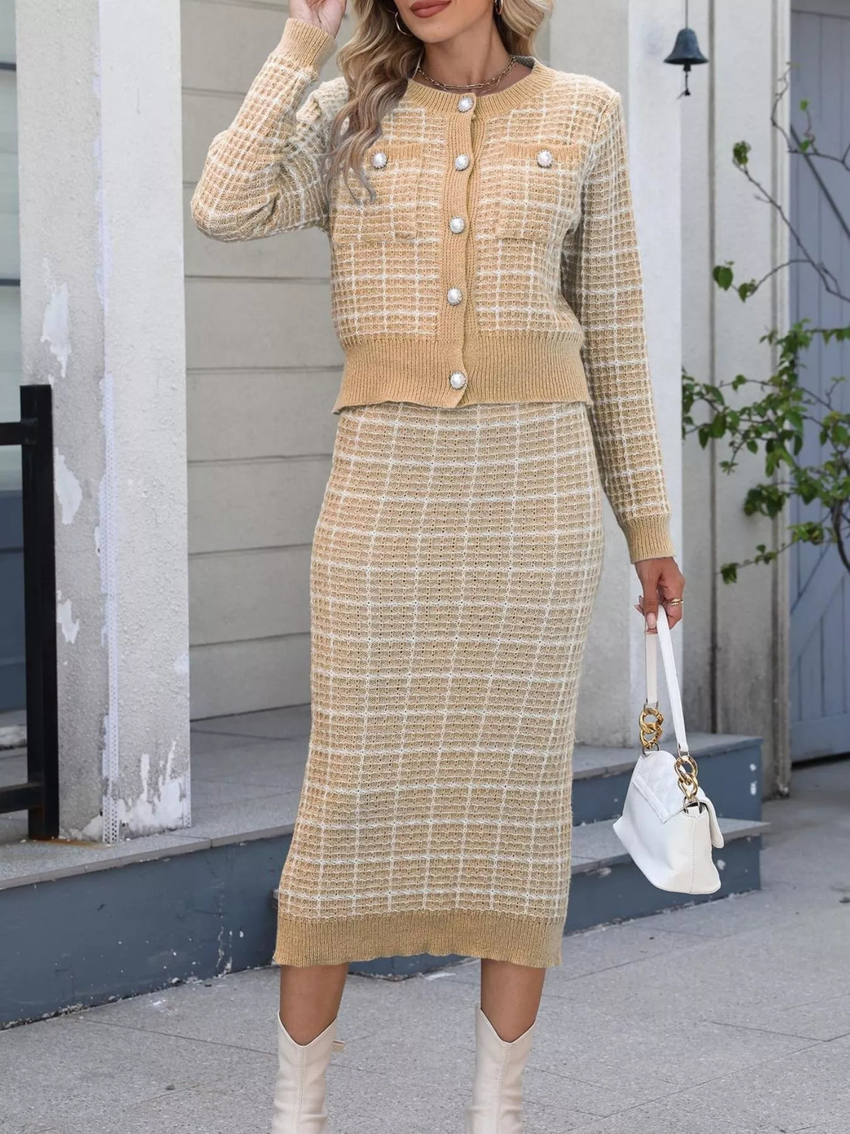 Plaid Knit Cardigan and Midi Skirt Sweater Set